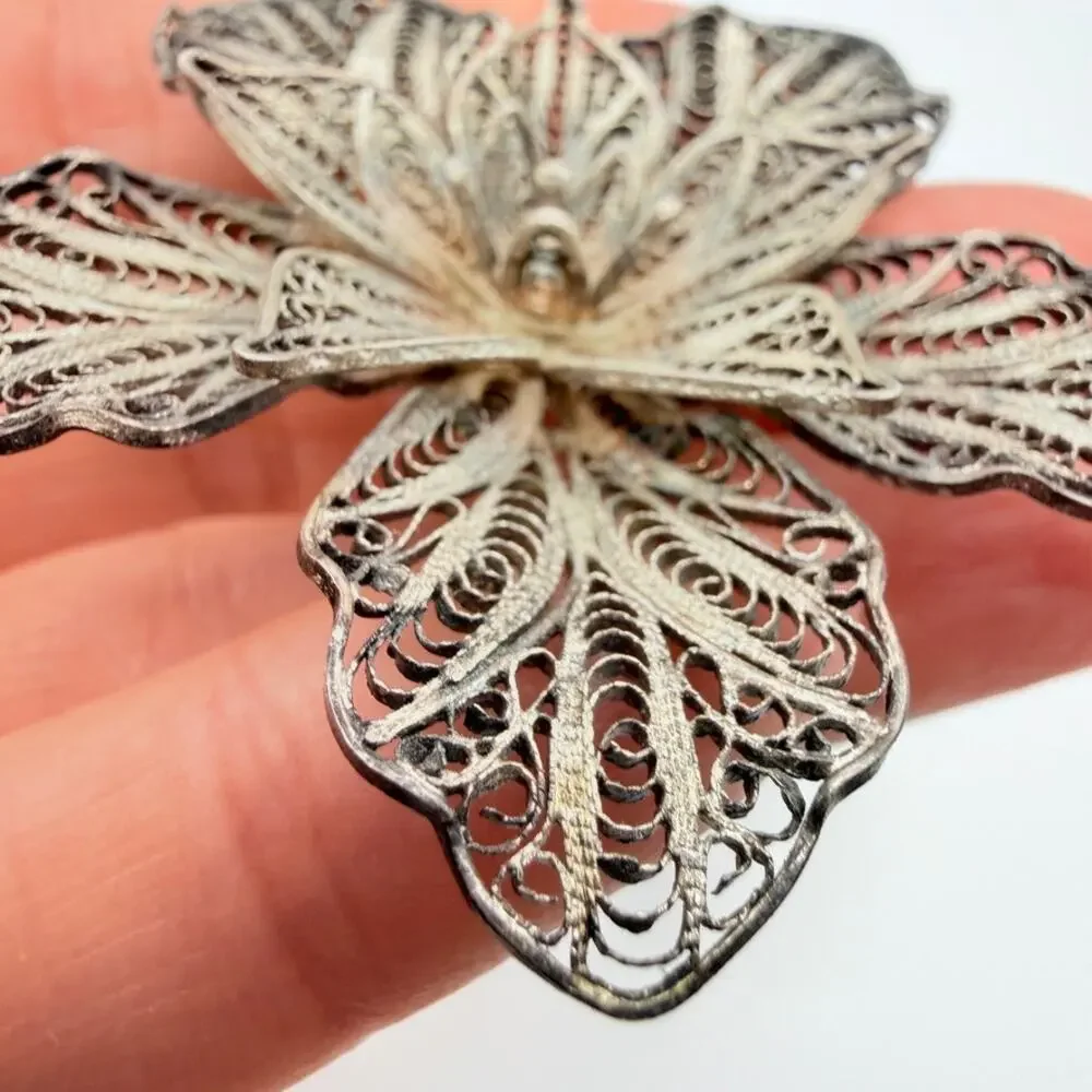 Antique Sterling Silver 925 Large Filigree Flower Brooch Pin Cannetille